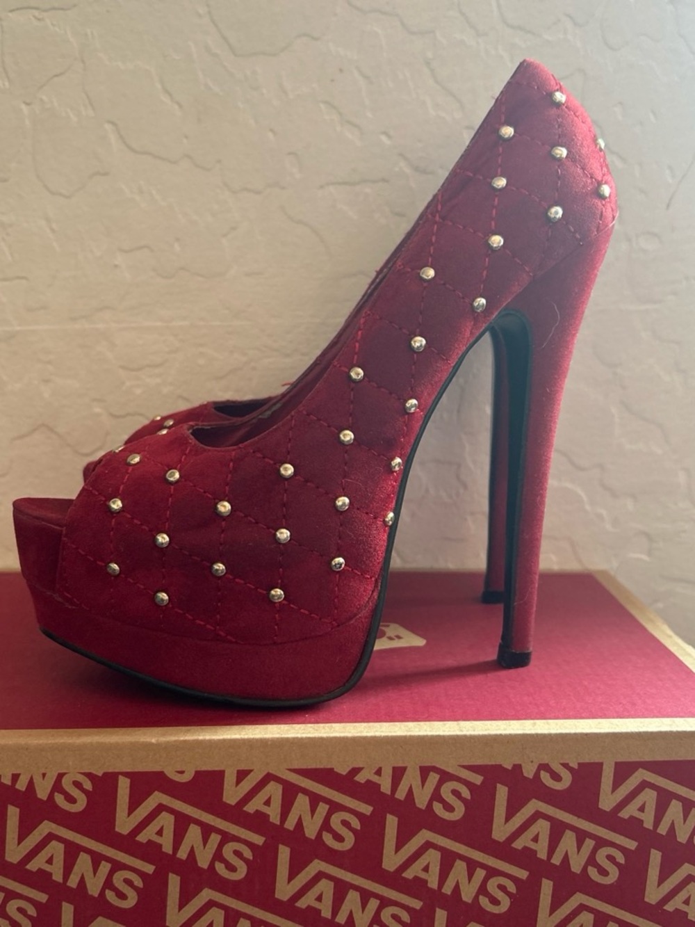 Red Studded Peep Toe Platform Pump